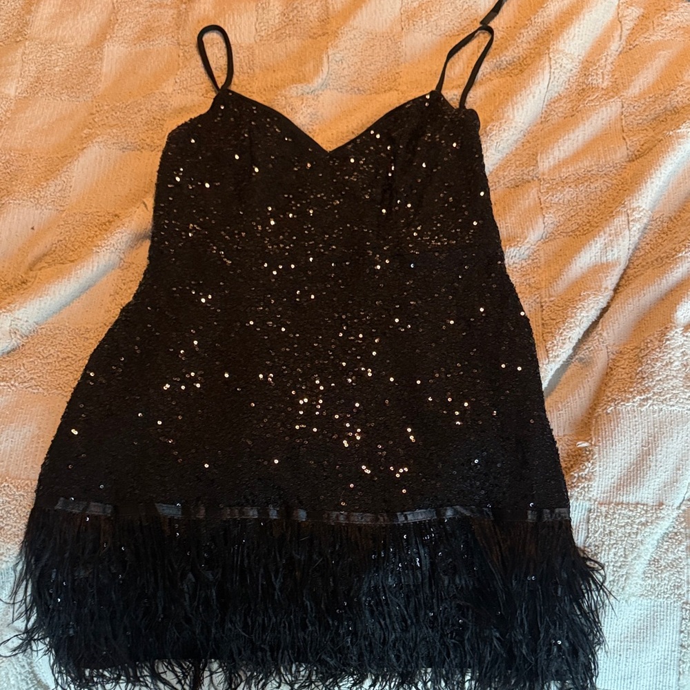 Lulu's Black Sequin Dress with Feather Detail